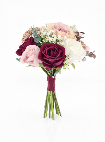 Chelsea Faux Flower Girl / Junior Bridesmaid Posy, burgundy and white silk rose flower girl flowers. Artificial wedding flower packages made in Melbourne by Flowers for Ever After. Silk wedding flower specialists. Custom orders welcome. Shipping worldwide