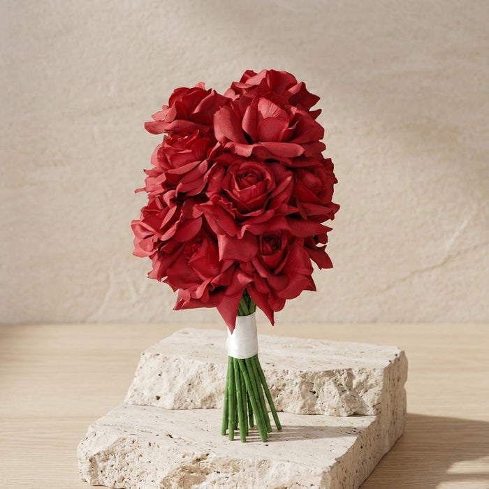 Artificial wedding bouquet, front view of clustered red faux roses and white-wrapped green stems. Made in Melbourne by Flowers For Ever After, shipping Australia and Worldwide.
