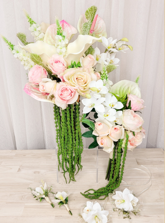 A faux floral bridal bouquet featuring pink and artificial white roses, calla lilies, white orchids, and cascading green foliage. Made in Melbourne by Flowers For Ever After, shipping worldwide, custom orders welcome.