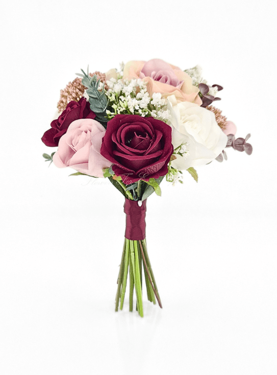 Chelsea Faux Flower Girl / Junior Bridesmaid Posy, burgundy and white silk rose flower girl flowers. Artificial wedding flower packages made in Melbourne by Flowers for Ever After. Silk wedding flower specialists. Custom orders welcome. Shipping worldwide