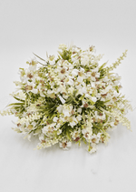 Artificial wedding bouquet of white faux roses, rounded white blooms, small flowers and green sprigs. Made in Melbourne by Flowers For Ever After, shipping Australia and Worldwide.