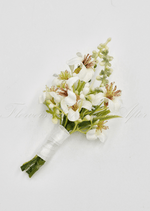 Artificial wedding boutonniere with a white faux rose, small white flowers and green leaves, with wrapped stems. For formals, proms and ball occasions. Made in Melbourne by Flowers For Ever After, shipping Australia and Worldwide.