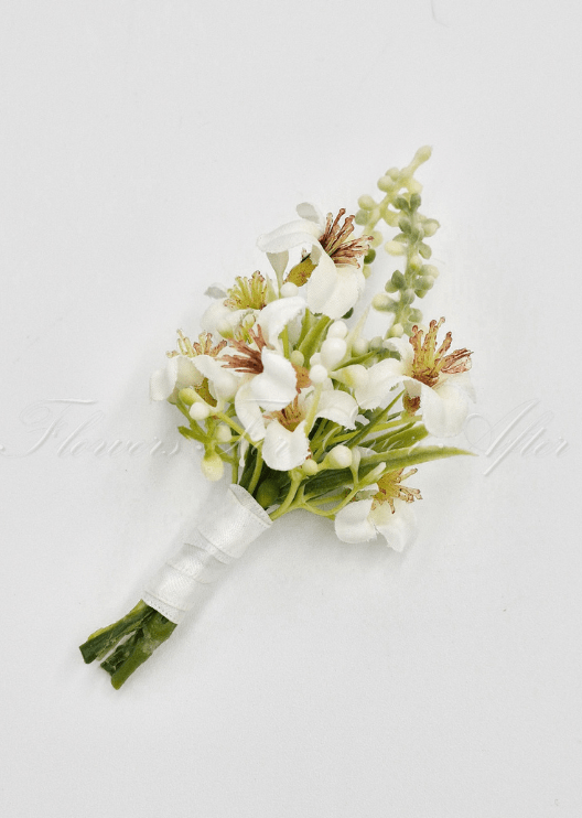 Artificial wedding boutonniere with a white faux rose, small white flowers and green leaves, with wrapped stems. For formals, proms and ball occasions. Made in Melbourne by Flowers For Ever After, shipping Australia and Worldwide.