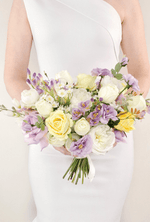 Artificial wedding bridal bouquet, handheld front view of lilac, yellow and white faux roses, white peonies and purple flowers. Made in Melbourne by Flowers For Ever After, shipping Australia and Worldwide.