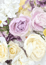 Artificial wedding arbor flower detail showing lilac and cream faux roses, a pale pink peony and white hydrangea. Made in Melbourne by Flowers For Ever After, shipping Australia and Worldwide.