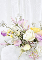 Artificial wedding table flower detail showing white and lilac faux rosebuds, yellow rose petals and tiny white sprigs. Made in Melbourne by Flowers For Ever After, shipping Australia and Worldwide.
