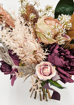 Artificial wedding bouquet with mixed faux flowers, green leaves and a ribbon-wrapped handle. Made in Melbourne by Flowers For Ever After, shipping Australia and Worldwide.
