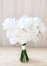 Artificial wedding bridesmaid bouquet, top view of clustered white faux roses and peonies. Made in Melbourne by Flowers For Ever After, shipping Australia and Worldwide.
