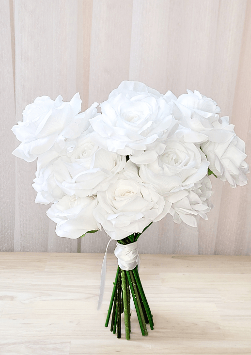 Artificial wedding bridesmaid bouquet, top view of clustered white faux roses and peonies. Made in Melbourne by Flowers For Ever After, shipping Australia and Worldwide.