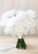 Artificial wedding bridal bouquet, reverse view of white faux roses, white peonies and ivory ribbon-wrapped stems. Made in Melbourne by Flowers For Ever After, shipping Australia and Worldwide.