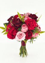 Artificial wedding bridesmaid bouquet with pink, red and burgundy faux roses, red carnations, small pink blossoms and burgundy-wrapped stems. Made in Melbourne by Flowers For Ever After, shipping Australia and Worldwide.