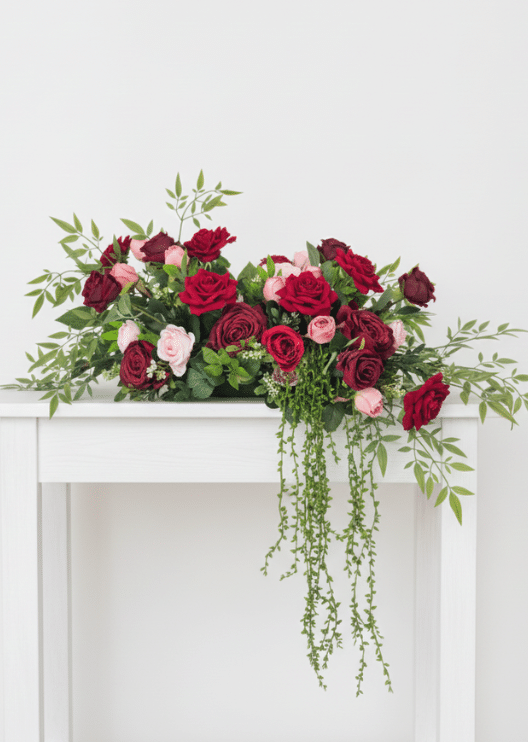 Artificial wedding long table arrangement with red, burgundy and pink faux roses, spreading green leaves and cascading green strands. Made in Melbourne by Flowers For Ever After, shipping Australia and Worldwide.