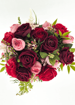 Artificial wedding bouquet, overhead view of burgundy, pink and red faux roses, red carnations, fine pale sprigs and green leaves. Made in Melbourne by Flowers For Ever After, shipping Australia and Worldwide.