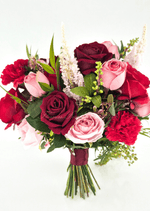 Artificial wedding bridal bouquet, reverse view of burgundy and pink faux roses, red carnations, pale plume-like flowers and burgundy-wrapped stems. Made in Melbourne by Flowers For Ever After, shipping Australia and Worldwide.