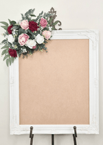 Artificial wedding sign floral spray with burgundy, pink and white faux roses, tiny white flowers and eucalyptus. Made in Melbourne by Flowers For Ever After, shipping Australia and Worldwide.