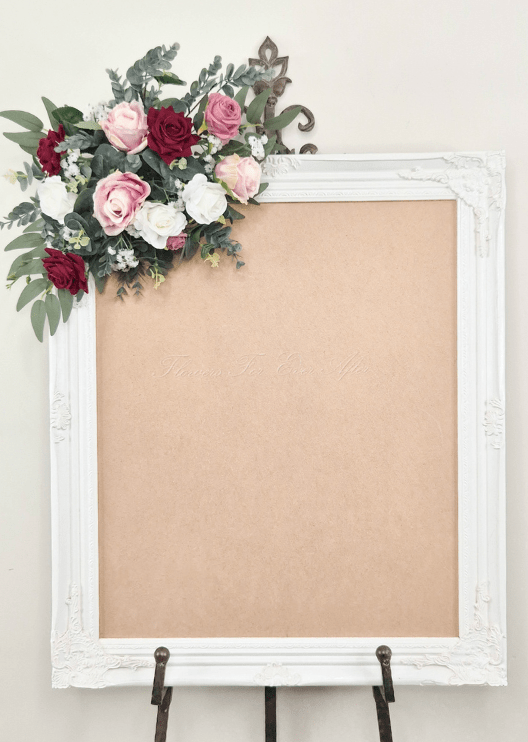 Artificial wedding sign floral spray with burgundy, pink and white faux roses, tiny white flowers and eucalyptus. Made in Melbourne by Flowers For Ever After, shipping Australia and Worldwide.