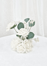 Artificial wedding small table arrangement, reverse view of white faux roses, white pompom bloom, fine sprigs and eucalyptus. Made in Melbourne by Flowers For Ever After, shipping Australia and Worldwide.