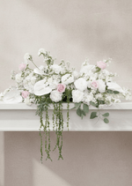 Artificial wedding long table garland with pale pink and white faux roses, clustered white flowers and green foliage. Made in Melbourne by Flowers For Ever After, shipping Australia and Worldwide.