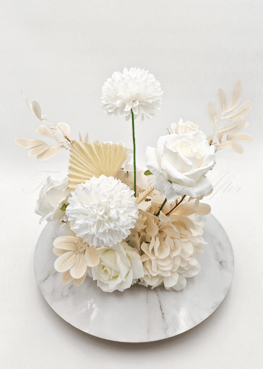 Artificial wedding table arrangement with white faux roses, hydrangea clusters and green leaves. Made in Melbourne by Flowers For Ever After, shipping Australia and Worldwide.