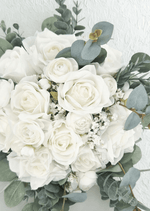 Artificial wedding bridal bouquet, front view of ivory and white faux roses, small white flowers and blue-grey eucalyptus leaves. Made in Melbourne by Flowers For Ever After, shipping Australia and Worldwide.