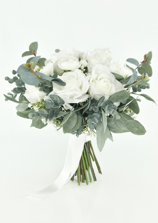 Artificial wedding bridal bouquet, top view of ivory and white faux roses with small white blooms and eucalyptus. Made in Melbourne by Flowers For Ever After, shipping Australia and Worldwide.