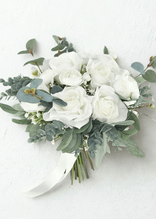 Artificial wedding bridal bouquet, side view of ivory and white faux roses, eucalyptus and ribbon-wrapped green stems. Made in Melbourne by Flowers For Ever After, shipping Australia and Worldwide.
