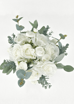 Artificial wedding bridesmaid posy, top view of white faux roses, small white blooms and eucalyptus leaves. Made in Melbourne by Flowers For Ever After, shipping Australia and Worldwide.