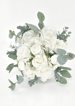 Artificial wedding bridesmaid posy with white faux roses, small white flowers and eucalyptus, finished with ribbon-wrapped stems. Made in Melbourne by Flowers For Ever After, shipping Australia and Worldwide.