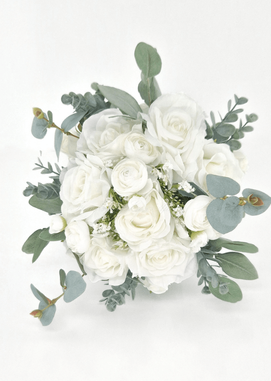 Artificial wedding bridesmaid posy with white faux roses, small white flowers and eucalyptus, finished with ribbon-wrapped stems. Made in Melbourne by Flowers For Ever After, shipping Australia and Worldwide.