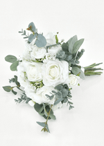 Artificial wedding bridesmaid posy, angled view of white faux roses, small white flowers and eucalyptus. Made in Melbourne by Flowers For Ever After, shipping Australia and Worldwide.