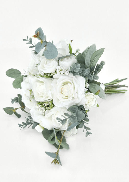 Artificial wedding bridesmaid posy, angled view of white faux roses, small white flowers and eucalyptus. Made in Melbourne by Flowers For Ever After, shipping Australia and Worldwide.