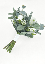 Artificial wedding bridesmaid posy, rear view showing eucalyptus, white faux rosebuds and a white ribbon-wrapped handle. Made in Melbourne by Flowers For Ever After, shipping Australia and Worldwide.