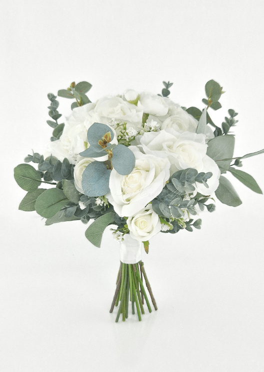 Artificial wedding bridesmaid posy, front view of white faux roses and blue-grey eucalyptus with exposed green stems. Made in Melbourne by Flowers For Ever After, shipping Australia and Worldwide.