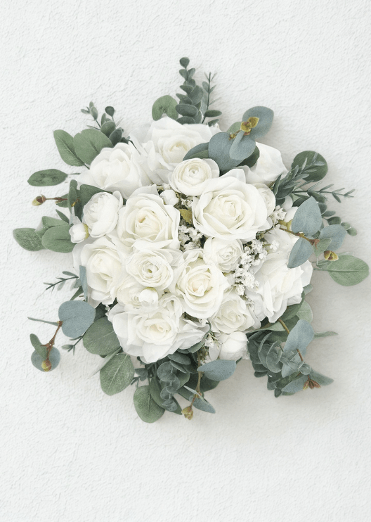 Artificial wedding bridal bouquet with ivory and white faux roses, small white flowers and blue-grey eucalyptus, with exposed green stems. Made in Melbourne by Flowers For Ever After, shipping Australia and Worldwide.