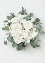 Artificial wedding bridal bouquet with ivory and white faux roses, small white flowers and blue-grey eucalyptus, with exposed green stems. Made in Melbourne by Flowers For Ever After, shipping Australia and Worldwide.