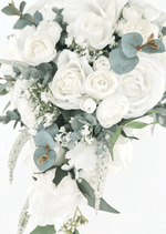 Artificial wedding teardrop bouquet detail showing white faux roses, clustered white blooms, eucalyptus and pale trailing strands. Made in Melbourne by Flowers For Ever After, shipping Australia and Worldwide.