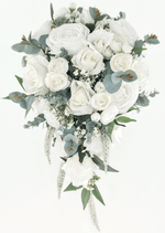 Artificial wedding teardrop bridal bouquet, full view of white faux roses, clustered blooms, tiny white flowers, eucalyptus and pale trailing strands. Made in Melbourne by Flowers For Ever After, shipping Australia and Worldwide.