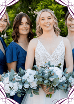 Artificial wedding bouquets held by a bride and bridesmaids, with white faux roses, small white flowers and eucalyptus. Made in Melbourne by Flowers For Ever After, shipping Australia and Worldwide.