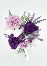 Artificial wedding bridesmaid bouquet, overhead view of purple and lilac faux roses, pink dahlia, white blooms and lavender-like sprigs. Made in Melbourne by Flowers For Ever After, shipping Australia and Worldwide.