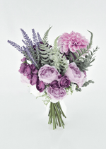 Artificial wedding bridesmaid bouquet, reverse view of lilac faux roses, pink dahlia, lavender-like sprigs and green fern-like foliage. Made in Melbourne by Flowers For Ever After, shipping Australia and Worldwide.