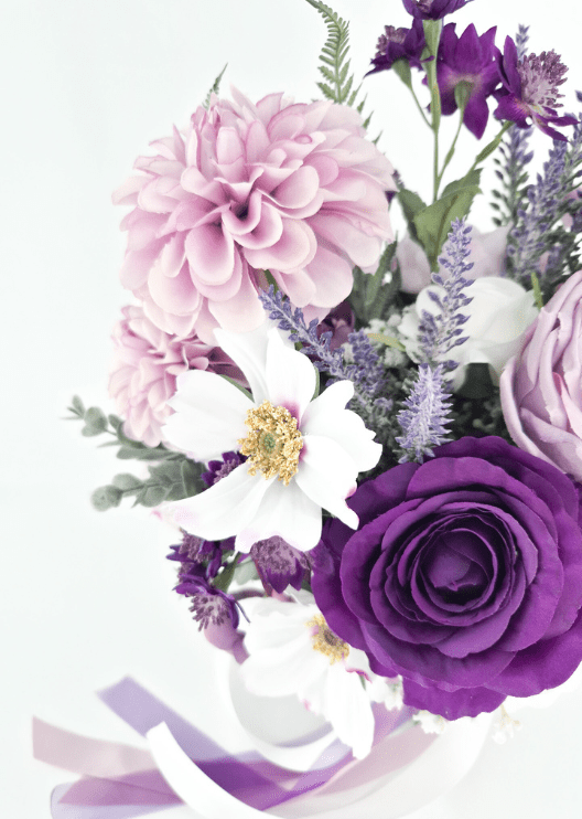 Artificial wedding bouquet detail showing pink faux dahlias, a purple rose, white gold-centred flower and lavender-like sprigs. Made in Melbourne by Flowers For Ever After, shipping Australia and Worldwide.