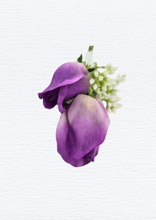 Artificial wedding boutonniere, overhead view of two purple-tipped ivory faux rosebuds and tiny white filler flowers. For formals, proms and ball occasions. Made in Melbourne by Flowers For Ever After, shipping Australia and Worldwide.