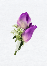 Artificial wedding boutonniere with two purple-tipped ivory faux rosebuds, tiny white flowers, green leaves and ivory-wrapped stems. For formals, proms and ball occasions. Made in Melbourne by Flowers For Ever After, shipping Australia and Worldwide.