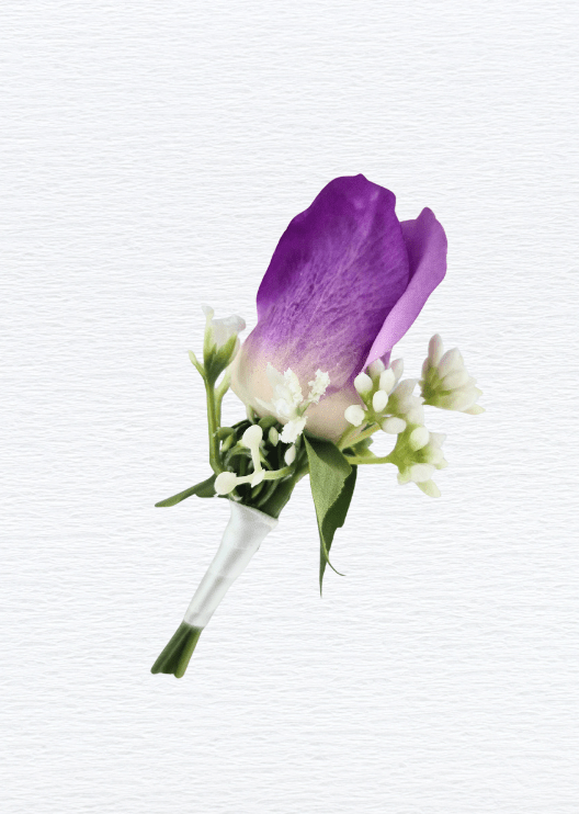 Artificial wedding boutonniere with one purple-tipped ivory faux rosebud, tiny white flowers, green leaves and ivory-wrapped stems. For formals, proms and ball occasions. Made in Melbourne by Flowers For Ever After, shipping Australia and Worldwide.