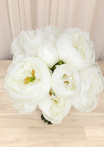 Artificial wedding bouquet, overhead view of white faux peonies and rounded buds with golden flower centres. Made in Melbourne by Flowers For Ever After, shipping Australia and Worldwide.