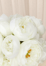 Artificial wedding bouquet close-up with layered white faux peony petals and golden flower centres. Made in Melbourne by Flowers For Ever After, shipping Australia and Worldwide.