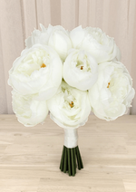 Artificial wedding bridesmaid bouquet with white faux peonies, golden centres and white-wrapped green stems. Made in Melbourne by Flowers For Ever After, shipping Australia and Worldwide.