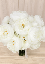 Artificial wedding bouquet, overhead view of white faux peonies with layered petals and golden centres. Made in Melbourne by Flowers For Ever After, shipping Australia and Worldwide.