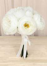 Artificial wedding small bouquet with white faux peonies, golden centres and long white ribbon tails. Made in Melbourne by Flowers For Ever After, shipping Australia and Worldwide.