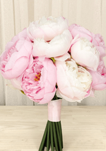 Artificial wedding bridesmaid bouquet, reverse view of pink and ivory faux peonies and pink-wrapped green stems. Made in Melbourne by Flowers For Ever After, shipping Australia and Worldwide.